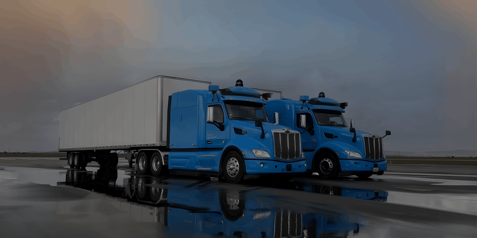 Two blue Peterbilt semi-trucks equipped with Aurora autonomous driving technology, pulling white trailers and reflecting on wet asphalt at dusk.