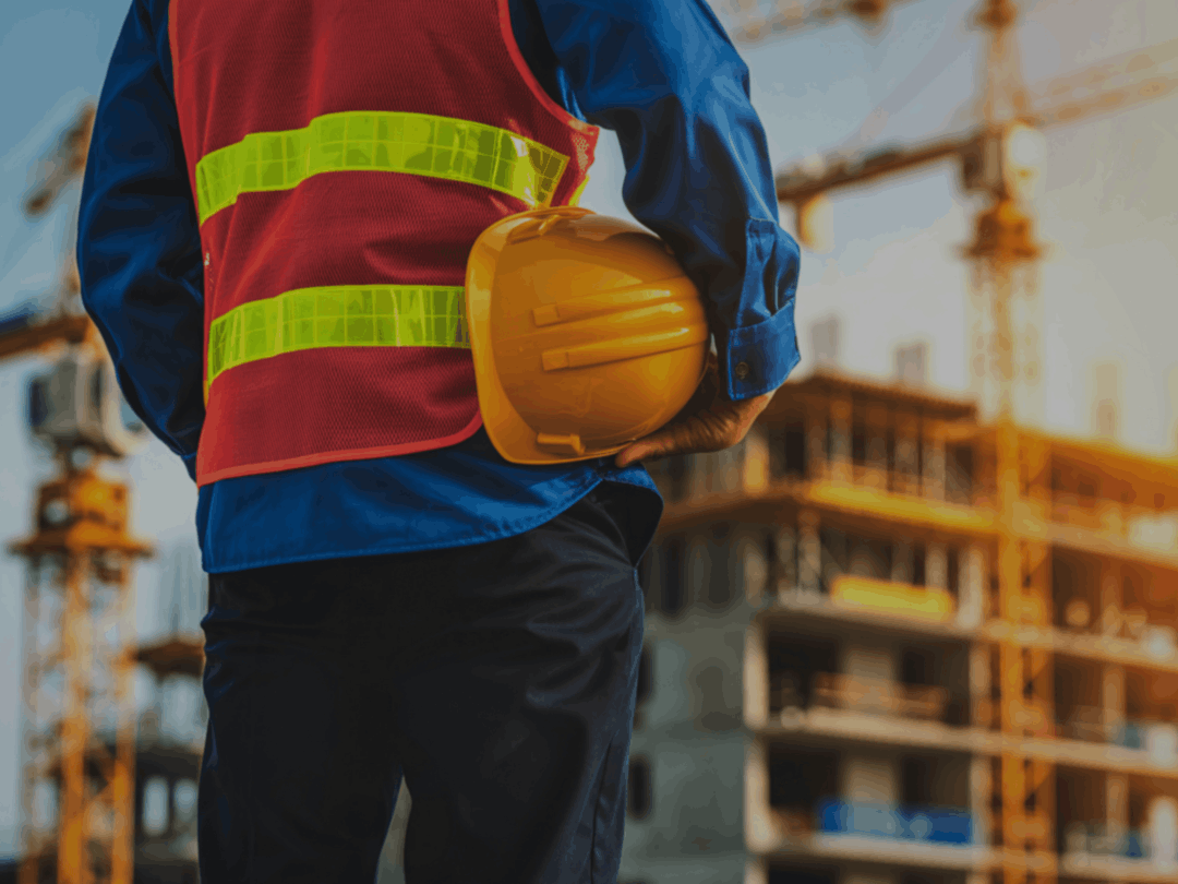 A construction worker in a high-visibility vest holding a yellow hard hat, standing in front of a large building construction site with cranes at sunset.