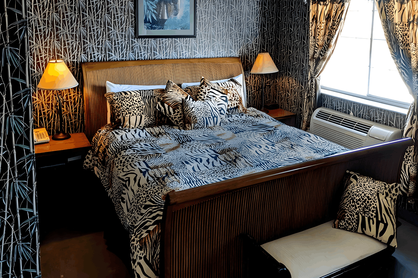 A bedroom featuring an animal-print comforter on a wooden sleigh bed, bamboo-patterned wallpaper, and matching nightstands with lamps.