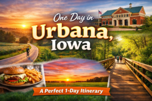 One day in Urbana Iowa itinerary featuring countryside road, nature trails, local food, and sunset views