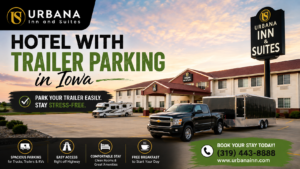 Hotel with trailer parking Iowa at Urbana Inn & Suites with spacious parking for trucks, trailers and RVs