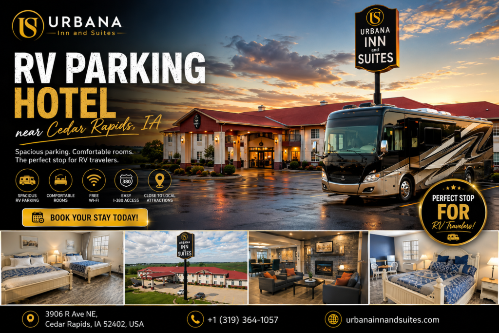 RV parking hotel Urbana IA with spacious RV parking and comfortable rooms at Urbana Inn & Suites near Cedar Rapids, Iowa