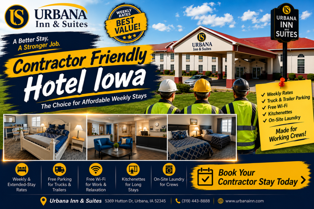 Contractor friendly hotel Iowa with weekly stays and free parking.
